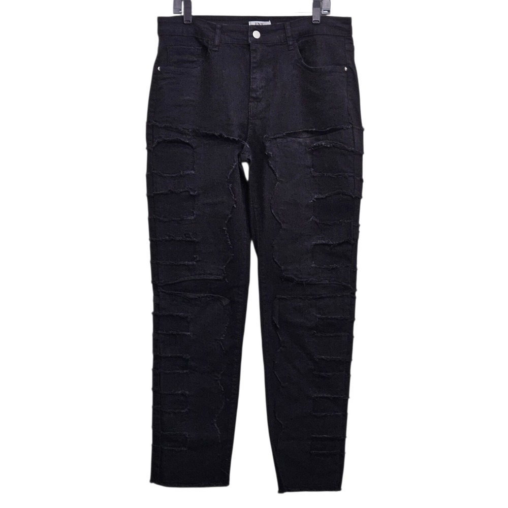 HME Distressed Jeans Men 34 Black Shredded Patchwork Edgy Streetwear Denim Pants
